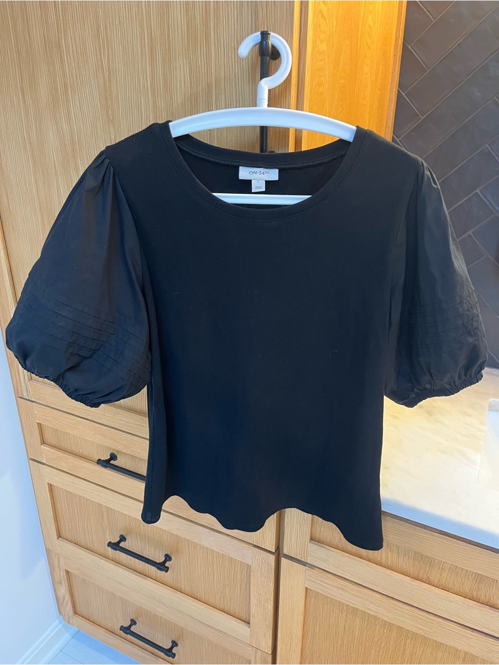 On/Off Black Puff-Sleeve Crewneck Blouse